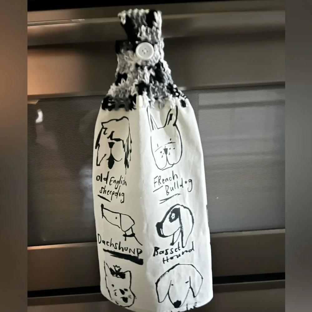 Hand Crafted Black and White Dog Print Hanging Kitchen Hand Towel